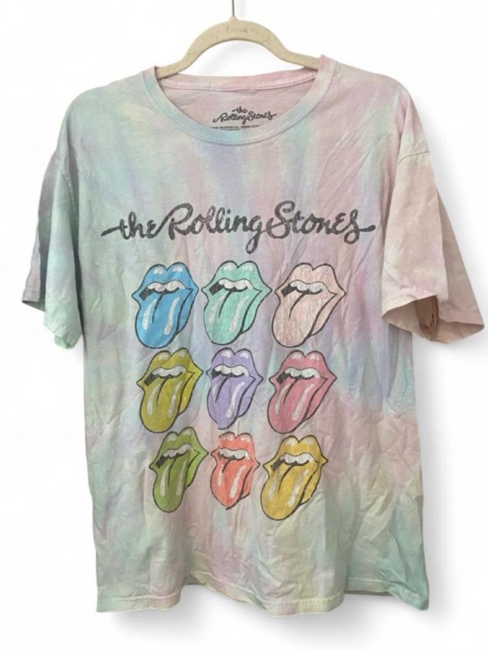 the Rolling Stones Pastel Tie Dye Graphic Tee with Colorful Tongue Logo Size L